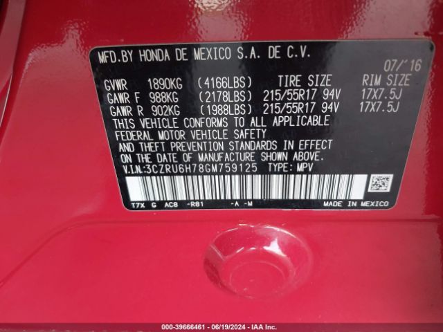 3CZRU6H78GM759125 Honda Hr-v Ex-l