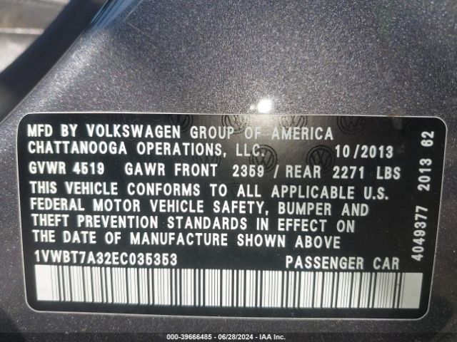 1VWBT7A32EC035353 Volkswagen Passat 1.8t Se