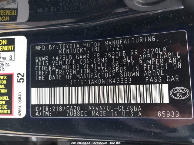 Toyota CAMRY SE 2022 4T1G11AK0NU643963 Image 9