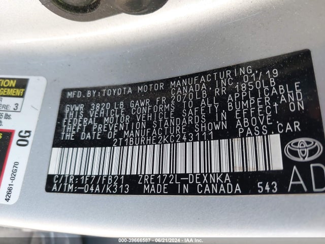 Toyota COROLLA LE 2019 2T1BURHE2KC243111 Image 9