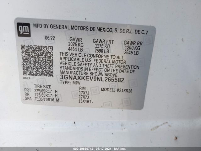3GNAXKEV9NL265582 Chevrolet Equinox Fwd Lt