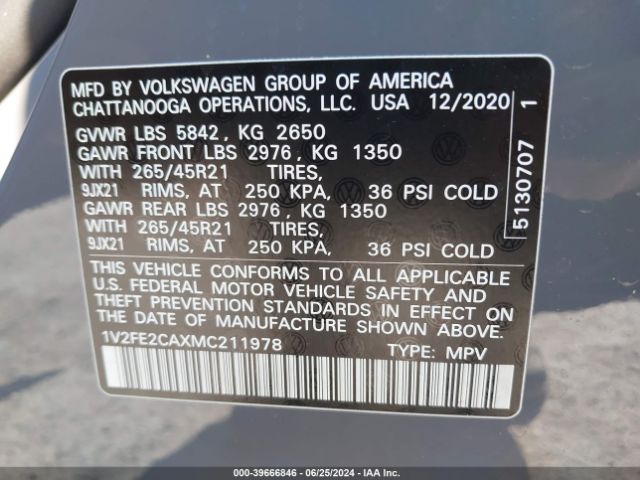 1V2FE2CAXMC211978 Volkswagen Atlas Cross Sport 3.6l V6 Sel Premium R-line