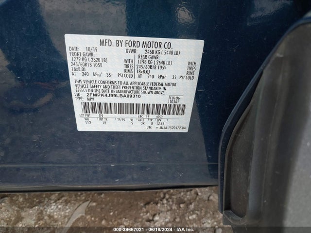 Ford EDGE SEL 2020 2FMPK4J99LBA09310 Image 9
