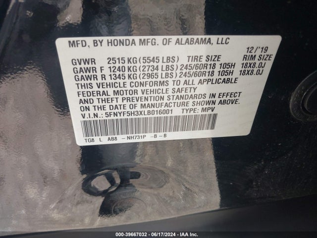 Honda Pilot 2wd Ex 2020 5FNYF5H3XLB016001 Image 9