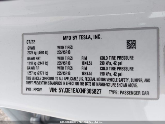 5YJ3E1EAXNF305827 Tesla Model 3 Rear-wheel Drive