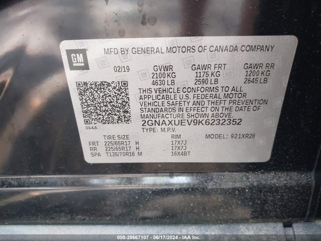 Chevrolet EQUINOX LT 2019 2GNAXUEV9K6232352 Image 9