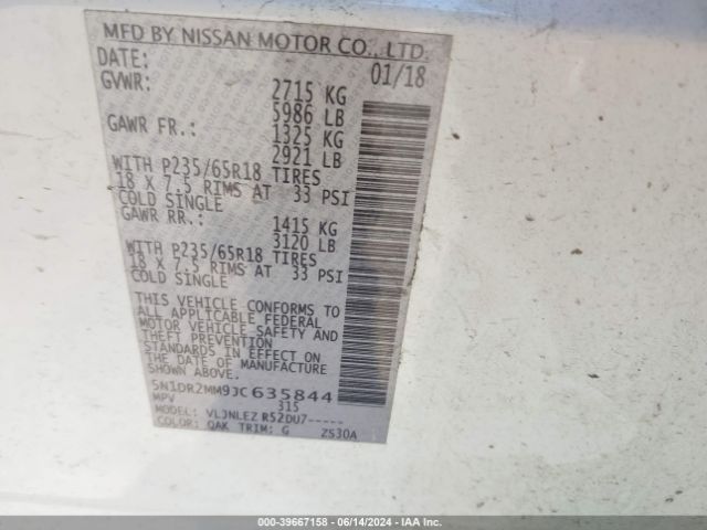 5N1DR2MM9JC635844 Nissan Pathfinder Sv