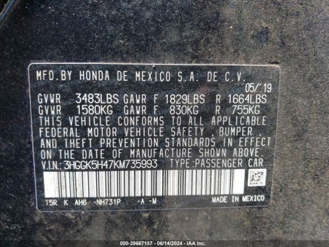 3HGGK5H47KM735993 Honda FIT LX