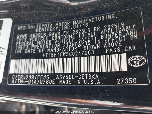 Toyota CAMRY SE 2016 4T1BF1FK5GU247003 Image 9