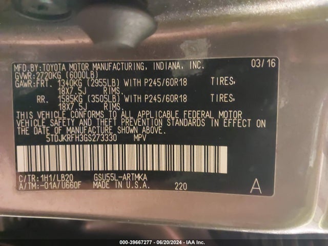 Toyota Highlander Xle V6 2016 5TDJKRFH3GS273330 Image 9