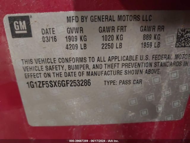 1G1ZF5SX6GF253286 Chevrolet MALIBU 2LT