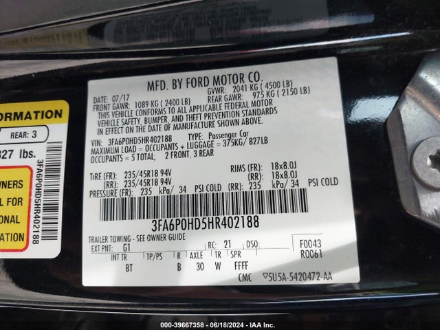 Ford FUSION SE 2017 3FA6P0HD5HR402188 Image 9