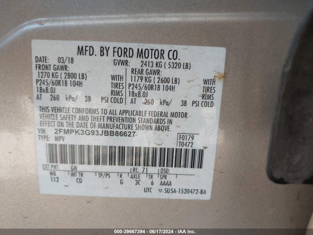 2FMPK3G93JBB86627 Ford EDGE SE