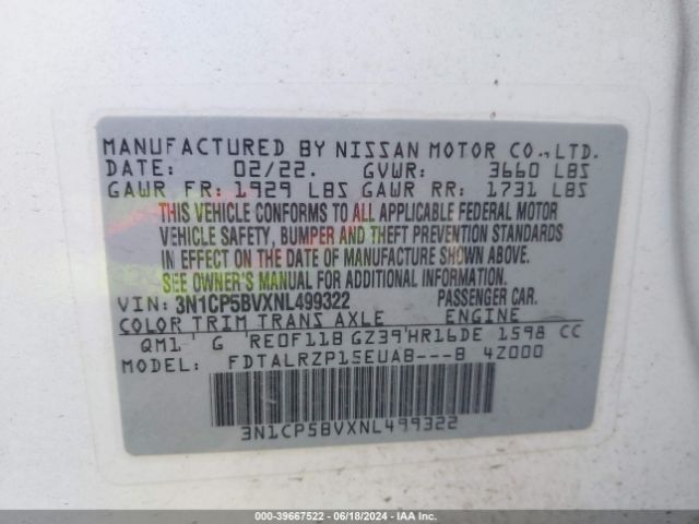 3N1CP5BVXNL499322 Nissan Kicks S Xtronic Cvt