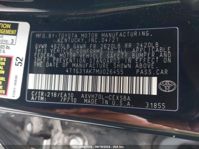 4T1G31AK7MU026455 Toyota Camry Se Hybrid