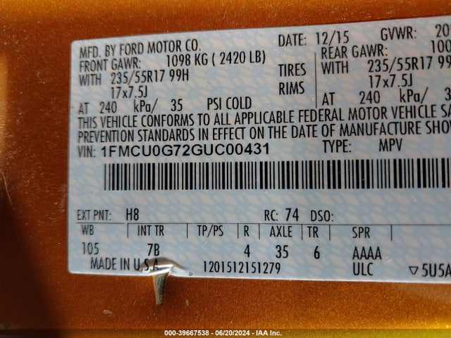 Ford ESCAPE SE 2016 1FMCU0G72GUC00431 Image 9