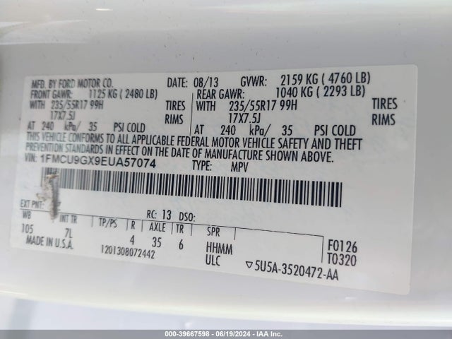 Ford ESCAPE SE 2014 1FMCU9GX9EUA57074 Image 9