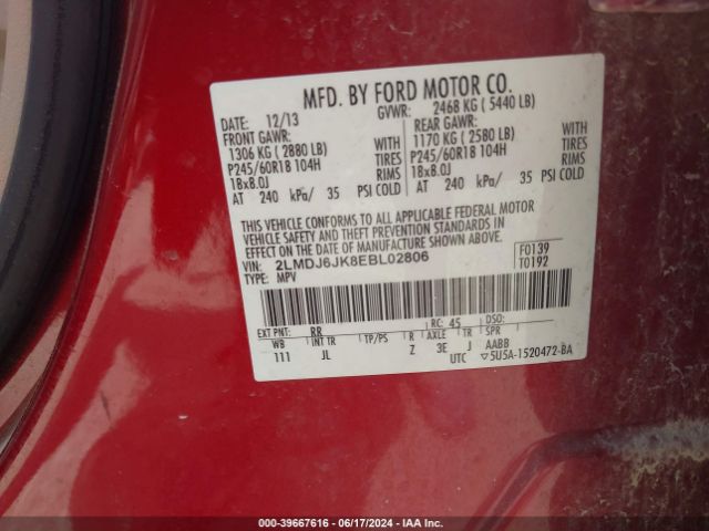 2LMDJ6JK8EBL02806 Lincoln MKX