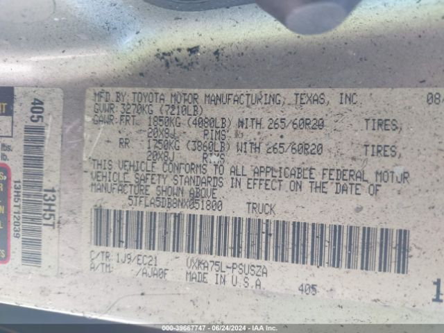 5TFLA5DB8NX051800 Toyota Tundra Sr5