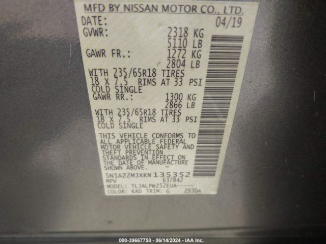 5N1AZ2MJXKN135352 Nissan MURANO S