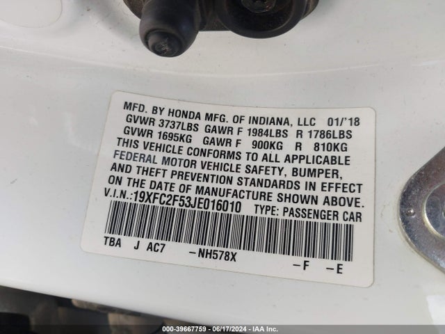 Honda Civic Lx 2018 19XFC2F53JE016010 Image 9
