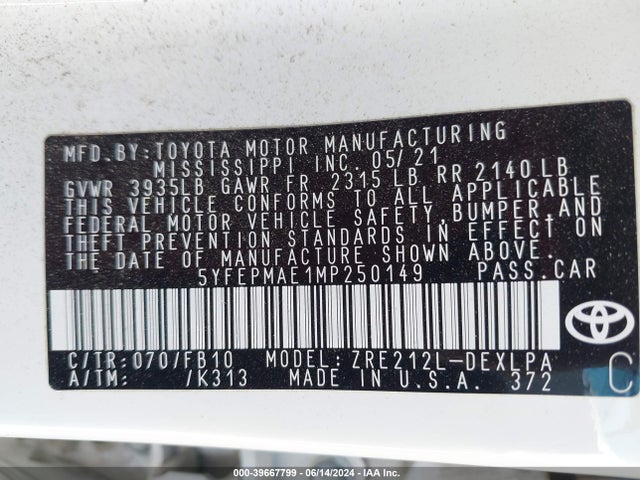 Toyota COROLLA LE 2021 5YFEPMAE1MP250149 Image 9