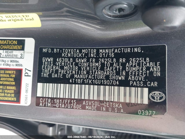 Toyota CAMRY SE 2016 4T1BF1FK1GU190704 Image 9