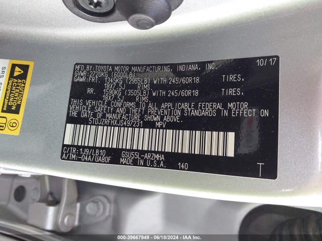 Toyota Highlander Xle 2018 5TDJZRFHXJS497231 Image 9