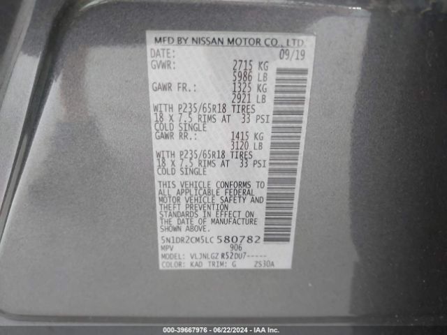 5N1DR2CM5LC580782 Nissan Pathfinder Sl 4wd
