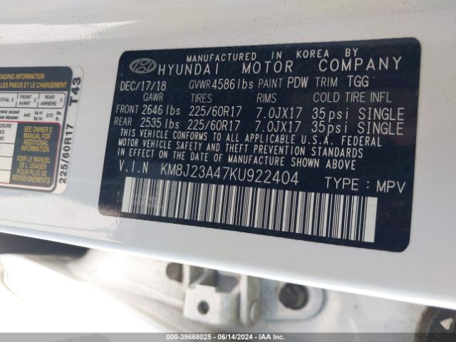 KM8J23A47KU922404 Hyundai TUCSON SE