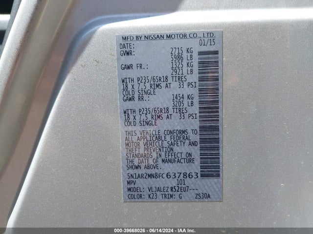 Nissan Pathfinder Platinum/s/sl/sv 2015 5N1AR2MN8FC637863 Image 9
