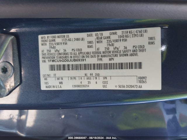 Ford ESCAPE SE 2018 1FMCU9GD0JUB69391 Image 9