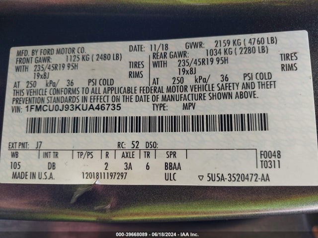 Ford Escape Titanium 2019 1FMCU0J93KUA46735 Image 9
