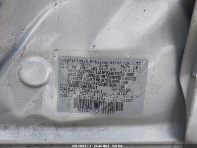 3N1CN8EV6ML880571 Nissan Versa Sv Xtronic Cvt