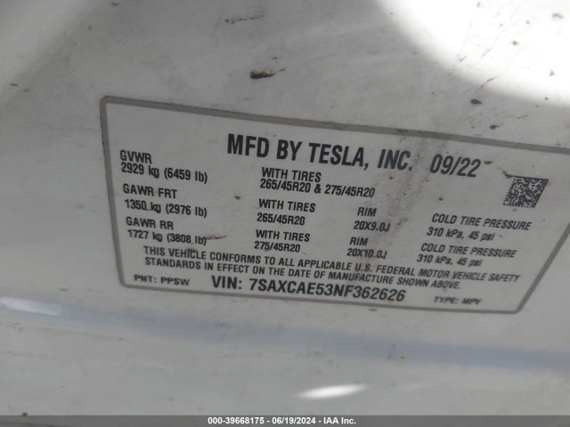 7SAXCAE53NF362626 Tesla Model X Dual Motor All-wheel Drive