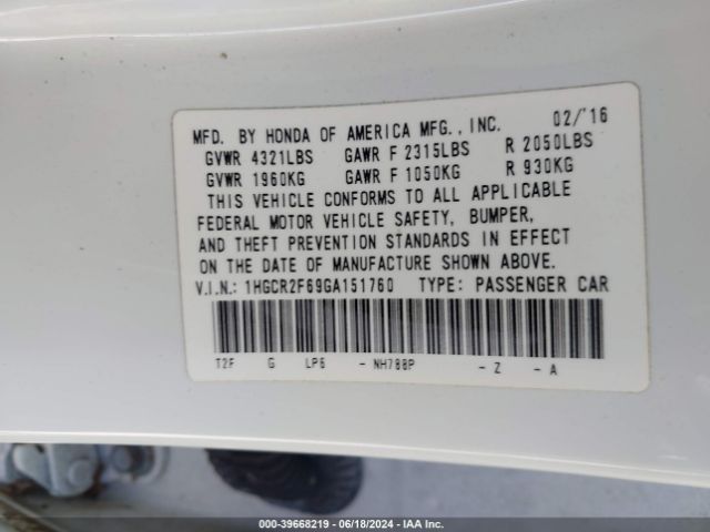 1HGCR2F69GA151760 Honda Accord Sport