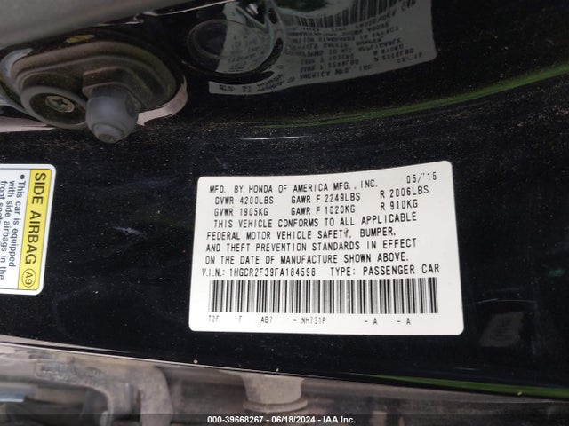 Honda ACCORD LX 2015 1HGCR2F39FA184598 Image 9