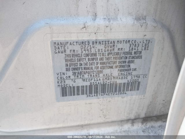 3N1AB7AP4EY212886 Nissan Sentra Fe+ S/fe+ Sv/s/sl/sr/sv