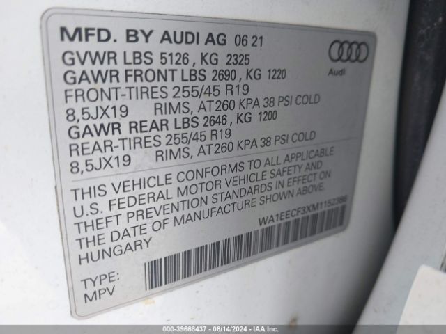 WA1EECF3XM1152386 Audi Q3 Premium Plus 45 Tfsi S Line Quattro Tiptronic