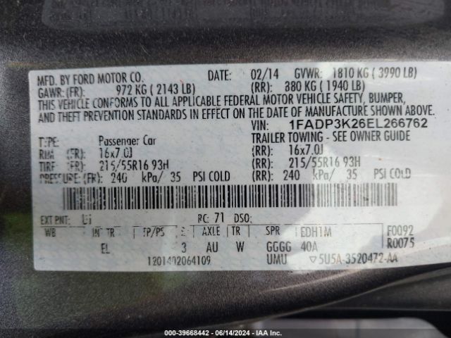 1FADP3K26EL266762 Ford FOCUS SE