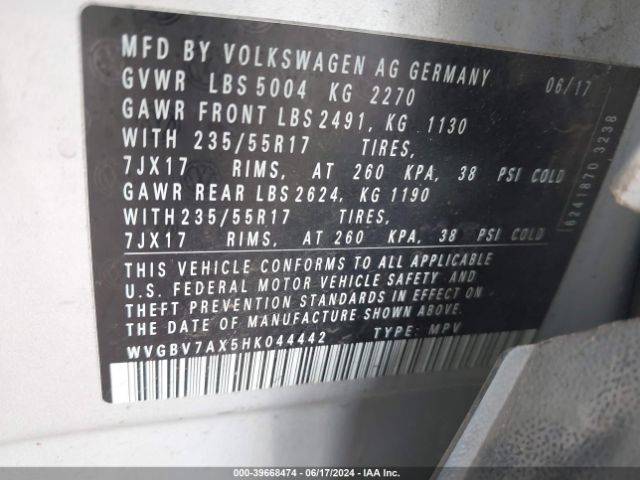 WVGBV7AX5HK044442 Volkswagen Tiguan 2.0t/2.0t S