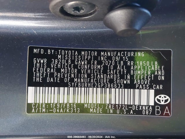 Toyota COROLLA LE 2016 5YFBURHE2GP386633 Image 9