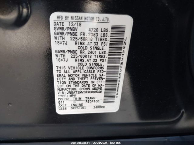JN8AT2MV0KW390549 Nissan ROGUE SV