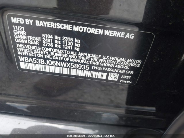 WBA53BJ06NWX58935 BMW 540 I