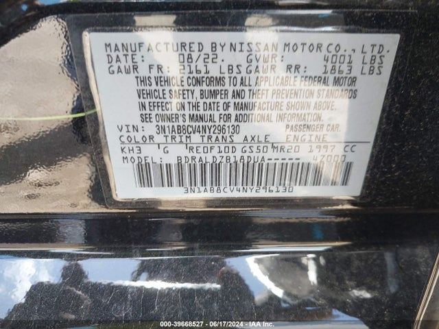 Aukcja sprzedaży 2022 Nissan Sentra Sv Xtronic Cvt, vin: 3N1AB8CV4NY296130, numer aukcji: 39668527