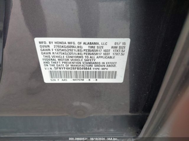 5FNYF4H28FB049844 Honda PILOT LX