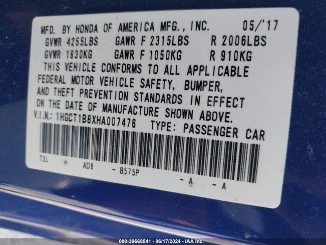 Honda Accord Ex-l 2017 1HGCT1B8XHA007476 Image 9