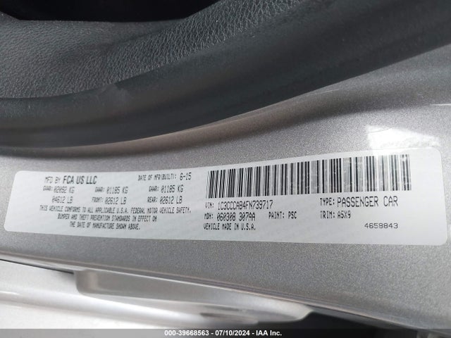Продаж на аукціоні авто 2015 Chrysler 200 Limited, vin: 1C3CCCAB4FN739717, номер лоту: 39668563
