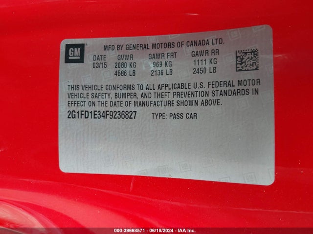 Chevrolet Camaro 1lt 2015 2G1FD1E34F9236827 Image 9
