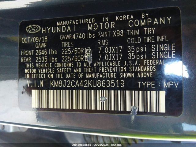 KM8J2CA42KU863519 Hyundai TUCSON SE